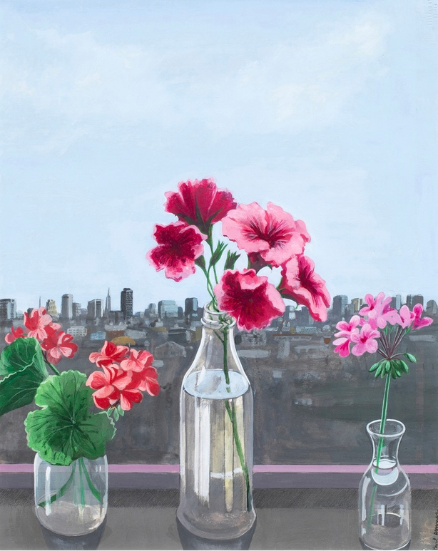 Skyline with Three Bottles and Flowers