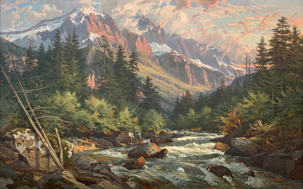 Logging in Mountain River Scene