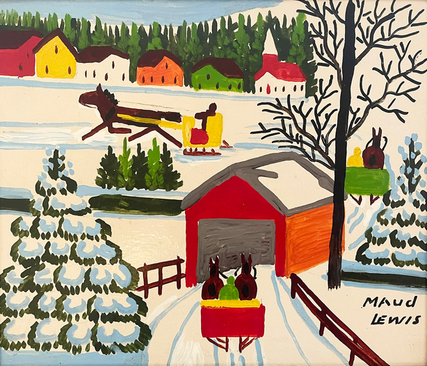 Winter Sleighing Scene with a Covered Bridge