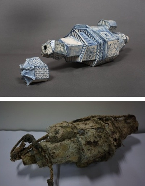 Fortress Temple. Pair of hand-painted archaeological shards, before and after ocean-submersion (2)