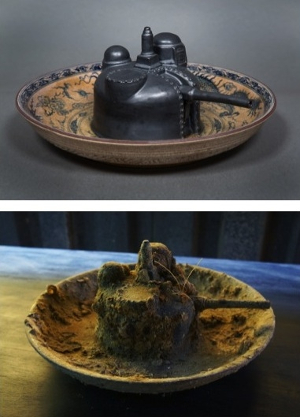 Wartime Dinner. Pair of hand-painted porcelain plates, before and after ocean-submersion