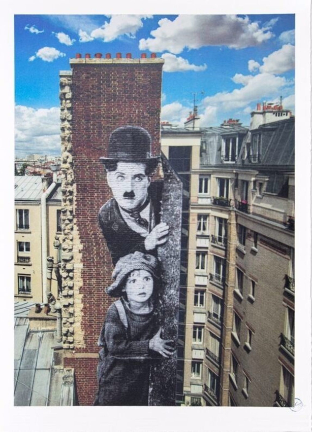Charlie Chaplin revu par JR, The Kid, Charlie Chaplin & Jackie Coogan, USA, 1923, de jour Paris, 2021