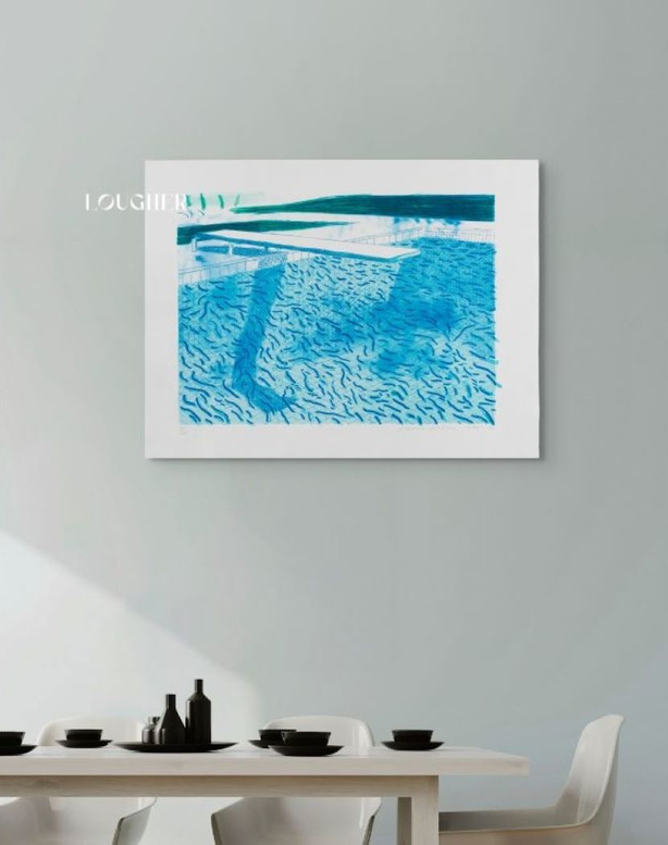 Lithograph of Water Made of Thick and Thin Lines and Two Light Blue Washes