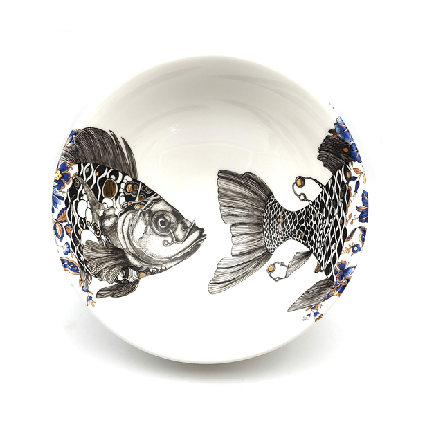 "Poisson En Mission" - Serving Bowl (Hand-Painted, Gold Luster, Fish, Durer, Dürer, Made to Order)